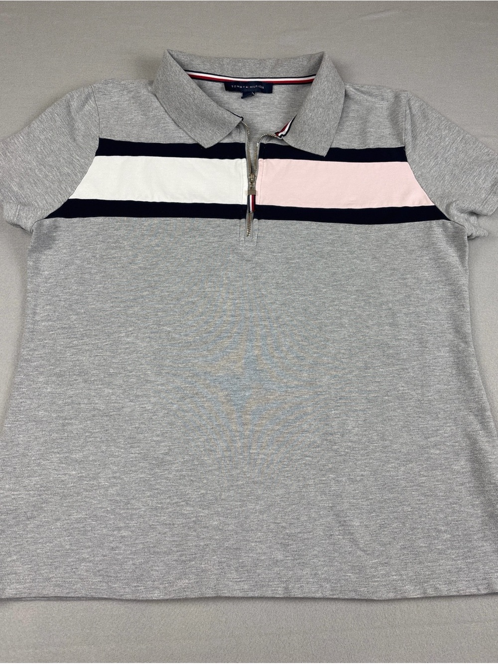 Tommy Hilfiger Preppy Grey Quarter Zip Polo Shirt Pink White Colorblock